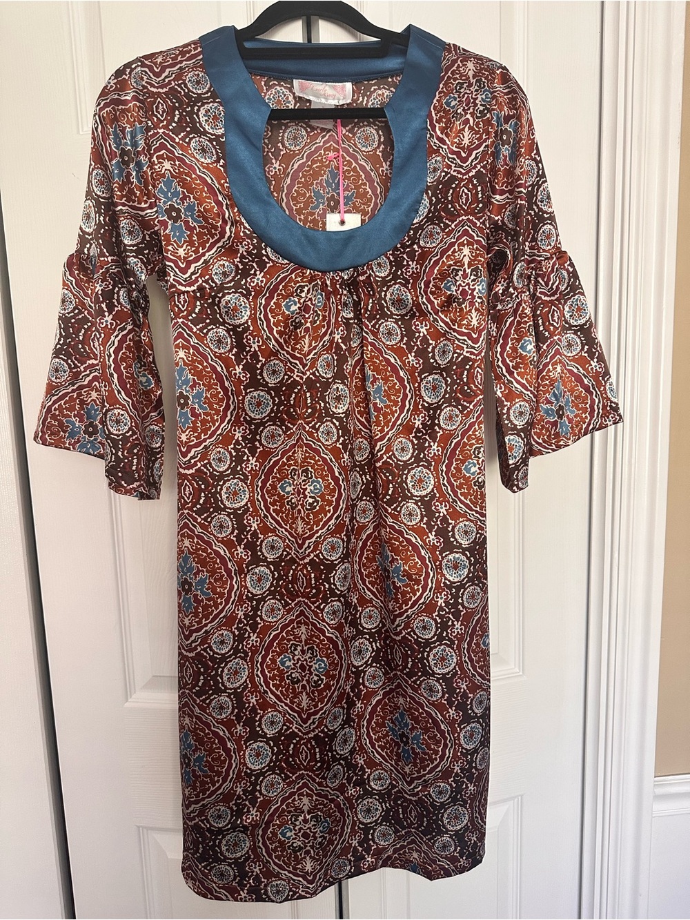 Bohemian Print Brown Maternity Shift Dress with Teal Trim- NWT XXS